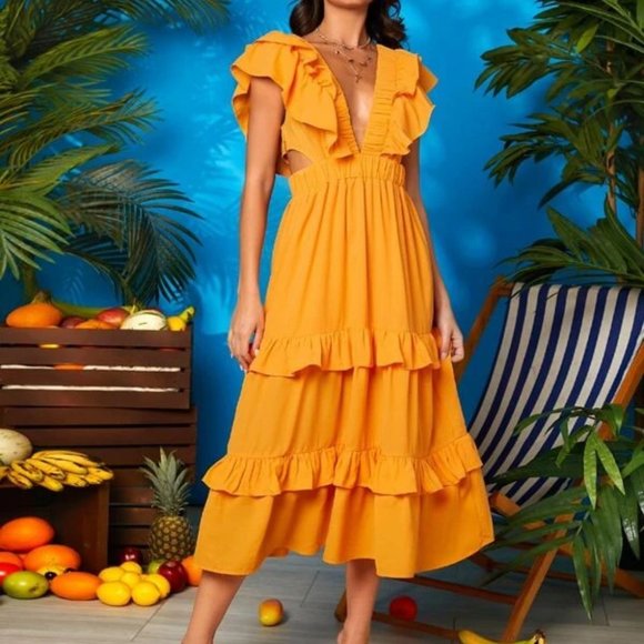Boho Vacation style trendy V-Neck Cut Out waist Tiered Layer Dress Orange - Picture 3 of 5